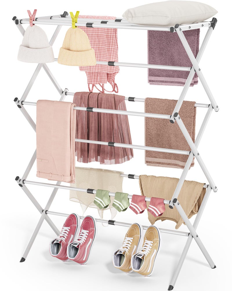 APEXCHASER Clothes Drying Rack Folding - 3 Tier Laundry Drying Rack for Clothes, Expandable Metal Clothing Dryer, Collapsible Towel Rack, Air Drying Rack, White - Image 1