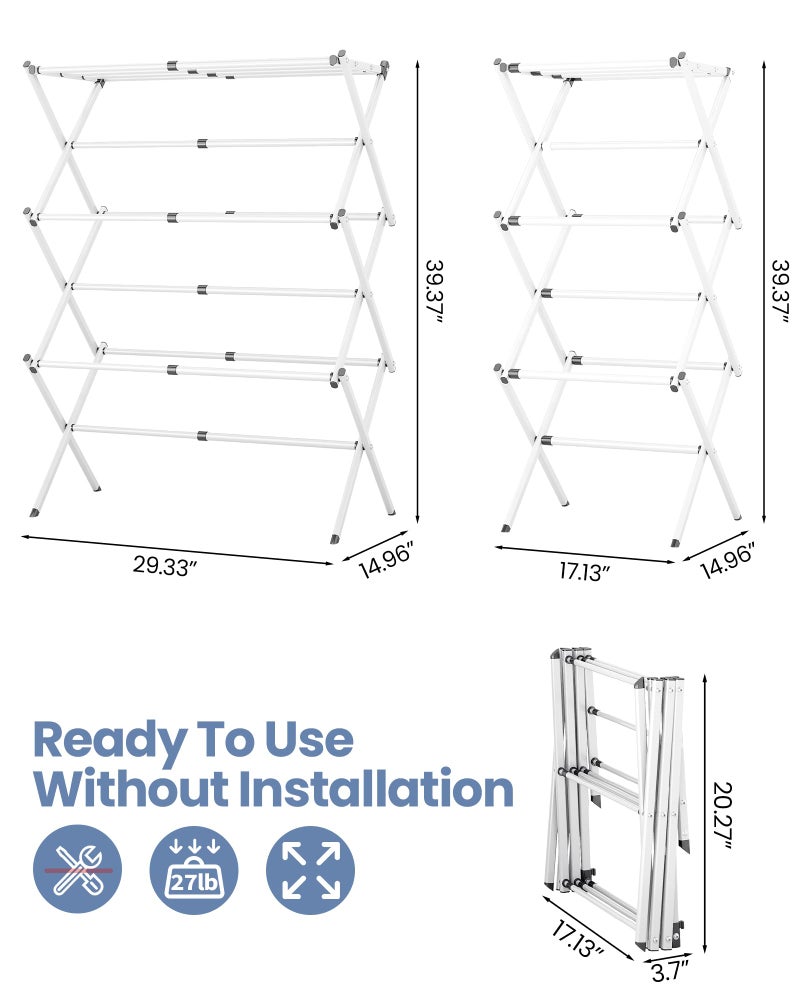 APEXCHASER Clothes Drying Rack Folding - 3 Tier Laundry Drying Rack for Clothes, Expandable Metal Clothing Dryer, Collapsible Towel Rack, Air Drying Rack, White - Image 2