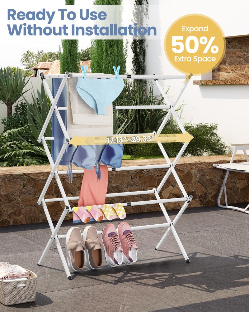 APEXCHASER Clothes Drying Rack Folding - 3 Tier Laundry Drying Rack for Clothes, Expandable Metal Clothing Dryer, Collapsible Towel Rack, Air Drying Rack, White - Image 5