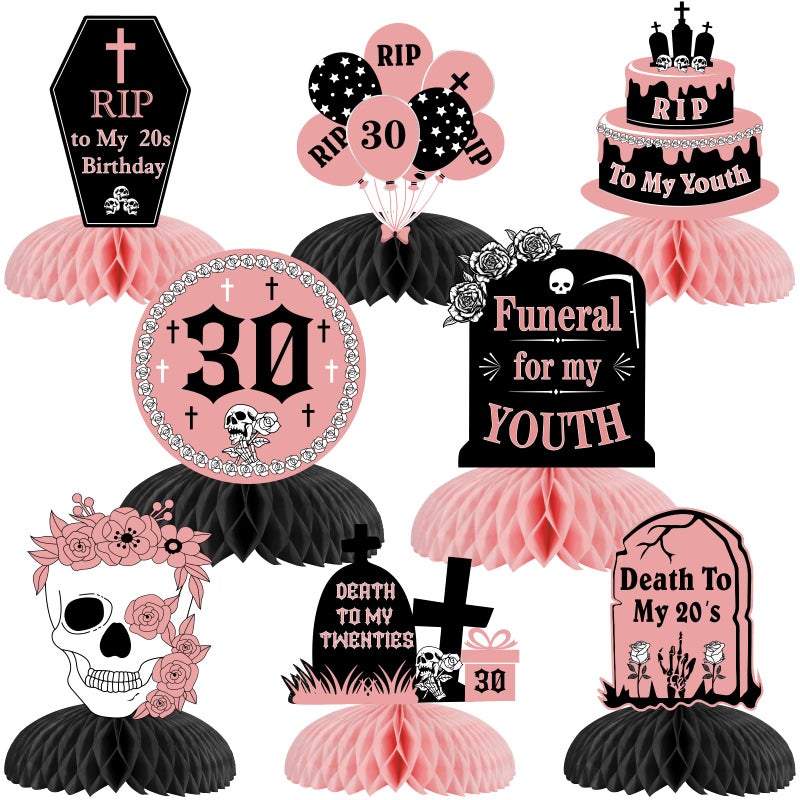 Fangleland 8Pcs Rip to My 20s Birthday Honeycomb Centerpieces Rose Gold Funeral for My Youth Table Decorations for Women Gothic Thirty Birthday 3D Table Toppers Halloween Party Supplies - Image 2
