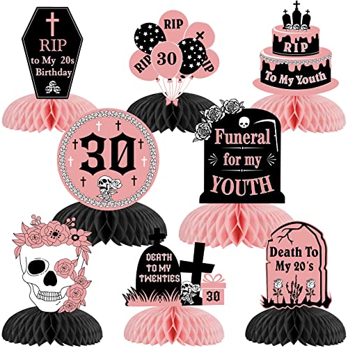 Fangleland 8Pcs Rip to My 20s Birthday Honeycomb Centerpieces Rose Gold Funeral for My Youth Table Decorations for Women Gothic Thirty Birthday 3D Table Toppers Halloween Party Supplies - Image 1