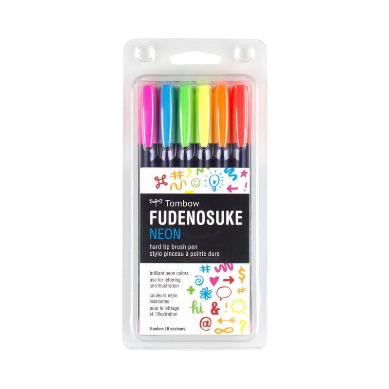 Tombow 56437 Fudenosuke Neon Brush Pen, 6-Pack. Hard Tip Fudenosuke Brush Pens in Assorted Neon Colors for Calligraphy and Art Drawings - Image 1