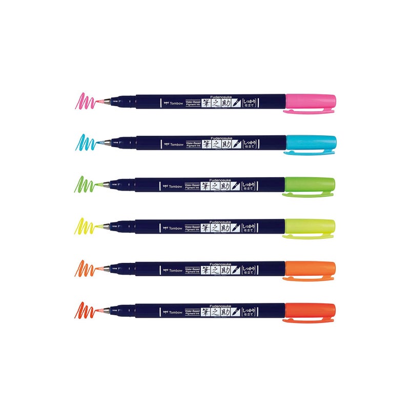 Tombow 56437 Fudenosuke Neon Brush Pen, 6-Pack. Hard Tip Fudenosuke Brush Pens in Assorted Neon Colors for Calligraphy and Art Drawings - Image 2