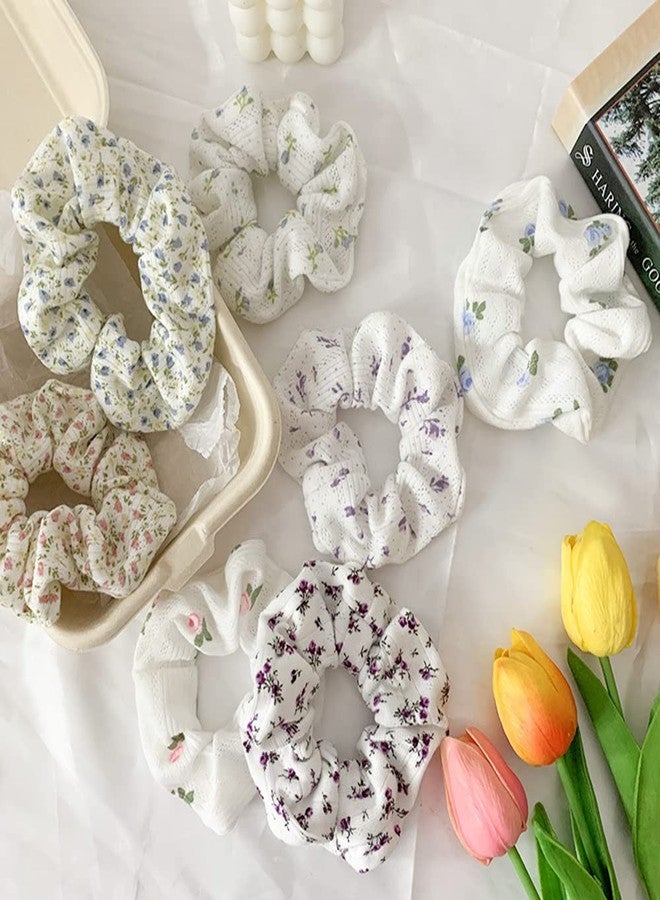 DINPREY Cotton Flower Hair Scrunchies Elastic Hair Bands Ties, Glittery White Flowers Hair Ties Ponytail Holders for Women Girls - Image 2