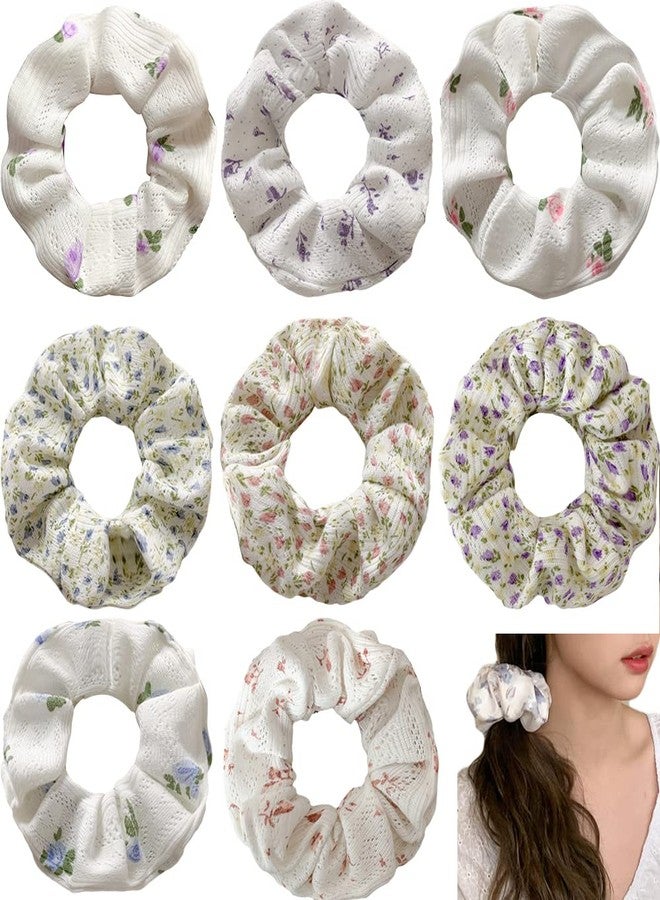 DINPREY Cotton Flower Hair Scrunchies Elastic Hair Bands Ties, Glittery White Flowers Hair Ties Ponytail Holders for Women Girls - Image 1