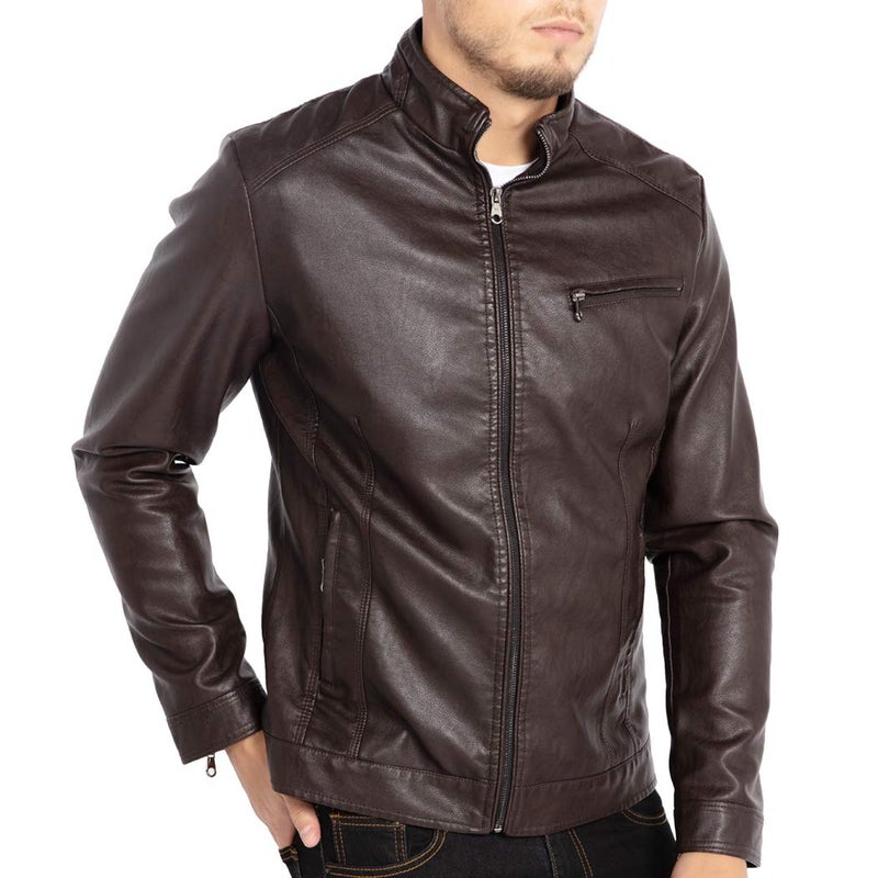 WULFUL Mens Stand Collar Leather Jacket Motorcycle Lightweight Faux Leather Outwear