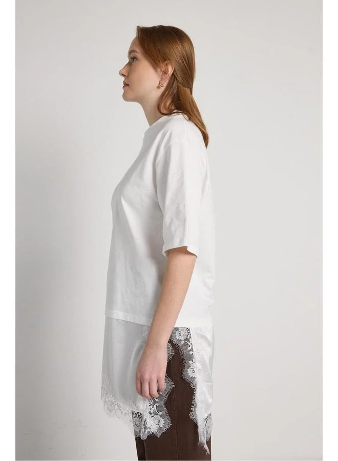 mina aise Women's Beige Lace-Detail Asymmetric T-shirt 31010.