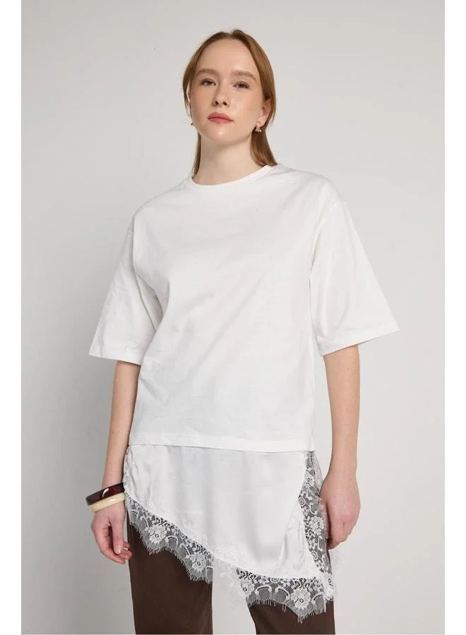 mina aise Women's Beige Lace-Detail Asymmetric T-shirt 31010.