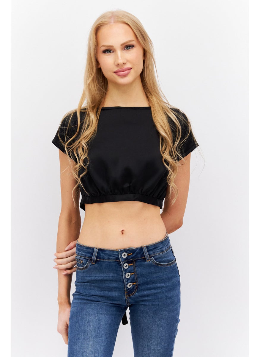 Etam Women Crew Neck Cap Sleeve Plain Top, Black  - Image 1