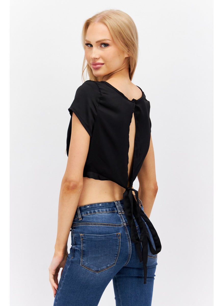 Etam Women Crew Neck Cap Sleeve Plain Top, Black  - Image 2