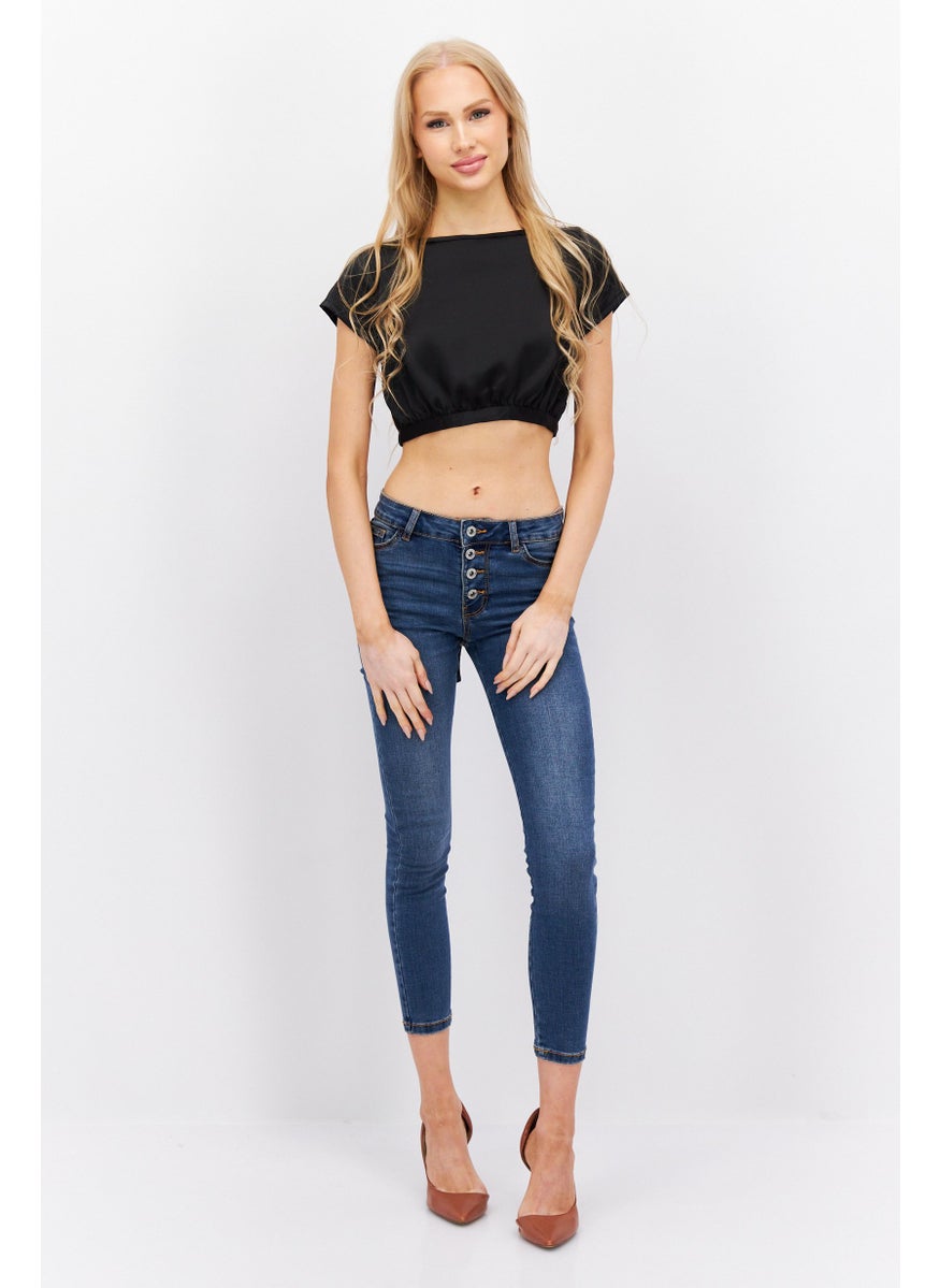 Etam Women Crew Neck Cap Sleeve Plain Top, Black  - Image 4