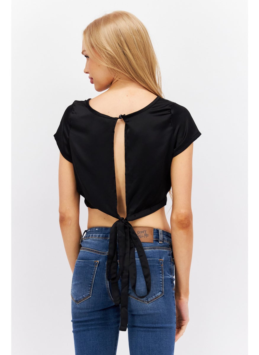 Etam Women Crew Neck Cap Sleeve Plain Top, Black  - Image 3