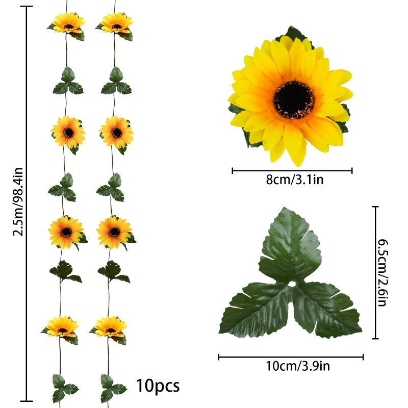 Uieke 10 Pack Artificial Sunflower Garland, 8.2ft/Pcs Silk Sunflowers with Green Leaves, Flowers Vines for Room Home Kitchen Garden Wedding Arch Bridal Baby Shower Party Outdoor Decor - Image 3