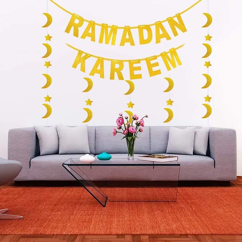 Festiko Ramadan Decorations for Home Ramadan Kareem Banner with Gold Glitter Moon Stars Garland for Eid Mubarak Decor - Image 3