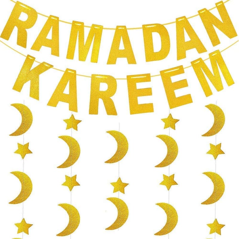 Festiko Ramadan Decorations for Home Ramadan Kareem Banner with Gold Glitter Moon Stars Garland for Eid Mubarak Decor - Image 1