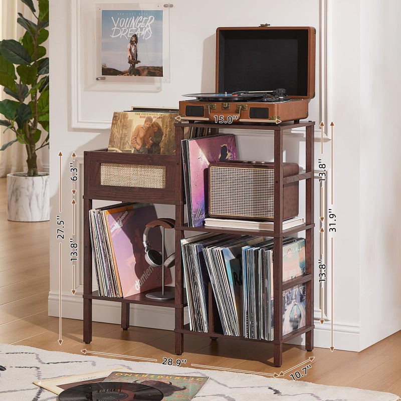 LELELINKY Record Player Stand, Vintage Walnut Wood Record Holder with Vinyl Storage Holds up to 300+ Albums, 3-Tier Rattan Media Table with Vinyl Display Shelf, Record Storage Cabinet for Living Room - Image 2
