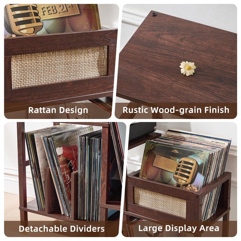 LELELINKY Record Player Stand, Vintage Walnut Wood Record Holder with Vinyl Storage Holds up to 300+ Albums, 3-Tier Rattan Media Table with Vinyl Display Shelf, Record Storage Cabinet for Living Room - Image 3