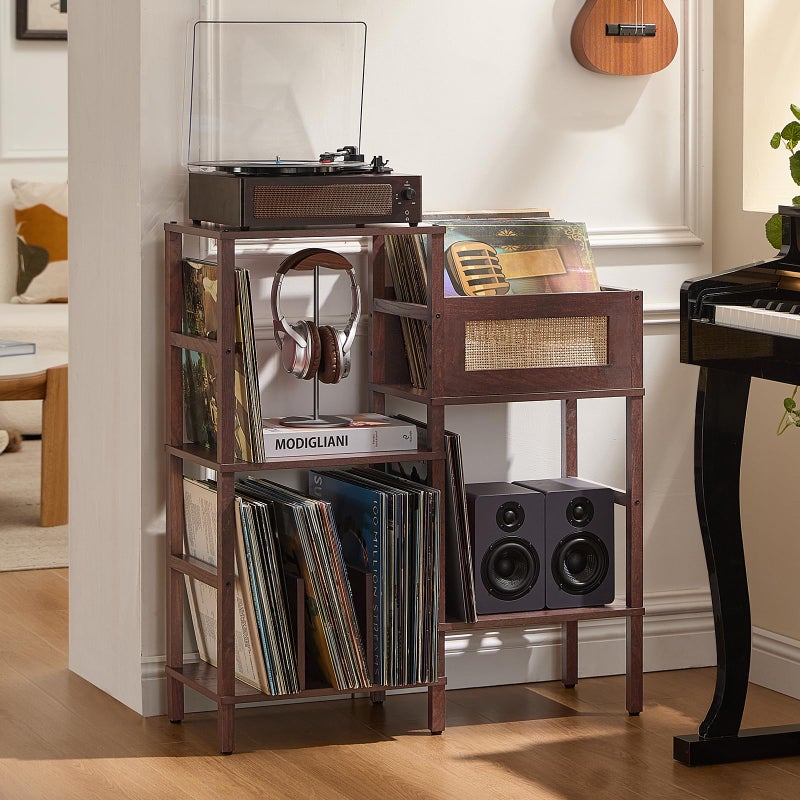 LELELINKY Record Player Stand, Vintage Walnut Wood Record Holder with Vinyl Storage Holds up to 300+ Albums, 3-Tier Rattan Media Table with Vinyl Display Shelf, Record Storage Cabinet for Living Room - Image 1
