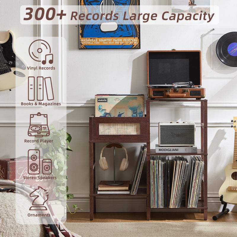 LELELINKY Record Player Stand, Vintage Walnut Wood Record Holder with Vinyl Storage Holds up to 300+ Albums, 3-Tier Rattan Media Table with Vinyl Display Shelf, Record Storage Cabinet for Living Room - Image 4