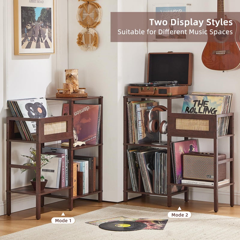 LELELINKY Record Player Stand, Vintage Walnut Wood Record Holder with Vinyl Storage Holds up to 300+ Albums, 3-Tier Rattan Media Table with Vinyl Display Shelf, Record Storage Cabinet for Living Room - Image 5
