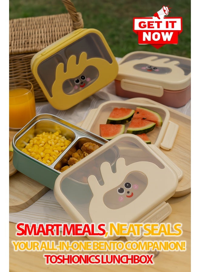 توشيونيكس صندوق غداء من الفولاذ المقاوم للصدأ سعة 1.4 لتر - آمن للاستخدام في الميكروويف، مانع للتسرب، مقسم إلى قسمين، مع ملعقة، طبعة وجه حيوان كرتوني لطيف - مناسب للمدرسة، الحضانة، المنزل، المكتب، السفر، خالٍ من مادة BPA، خفيف الوزن، متين، آمن للاستخدام في الفريزر وغسالة الأطباق - 20×14×5 سم - Image 4