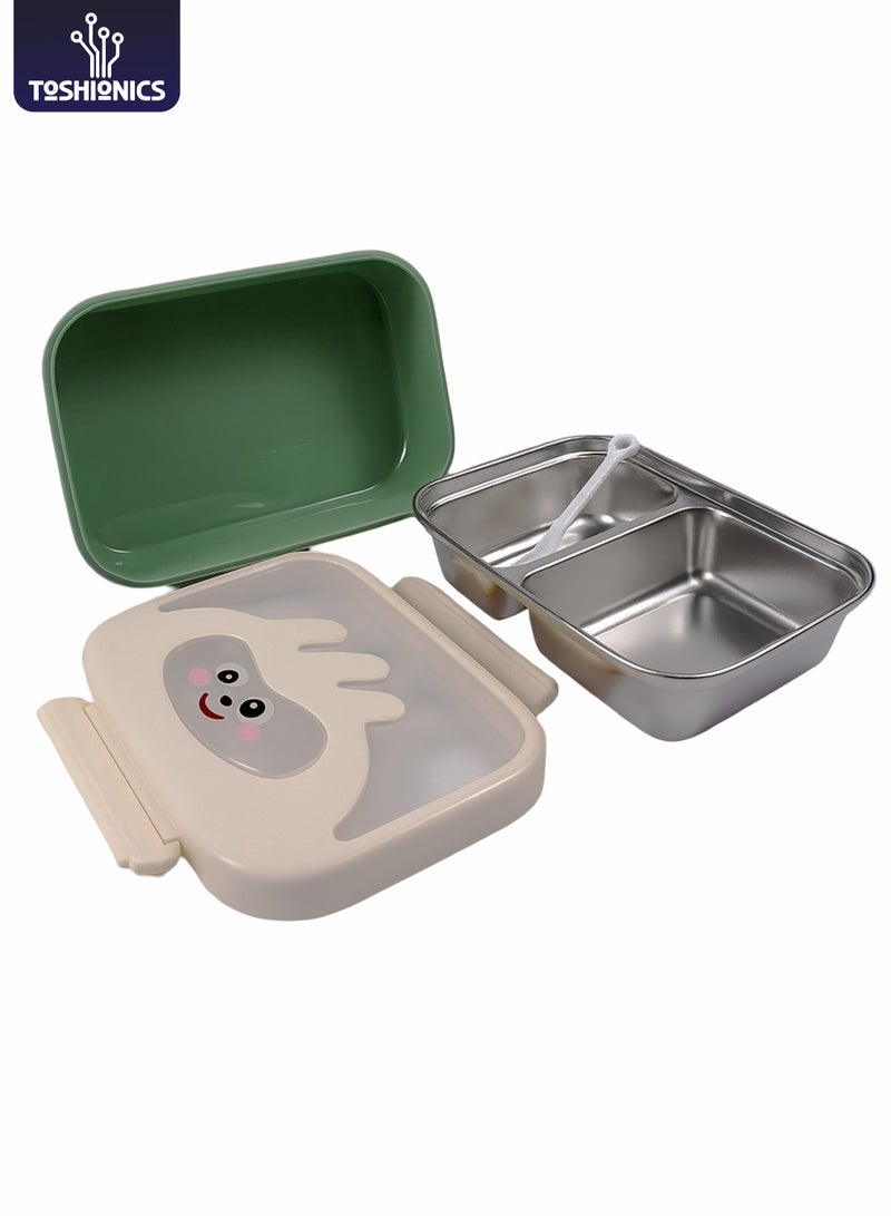 توشيونيكس صندوق غداء من الفولاذ المقاوم للصدأ سعة 1.4 لتر - آمن للاستخدام في الميكروويف، مانع للتسرب، مقسم إلى قسمين، مع ملعقة، طبعة وجه حيوان كرتوني لطيف - مناسب للمدرسة، الحضانة، المنزل، المكتب، السفر، خالٍ من مادة BPA، خفيف الوزن، متين، آمن للاستخدام في الفريزر وغسالة الأطباق - 20×14×5 سم - Image 1