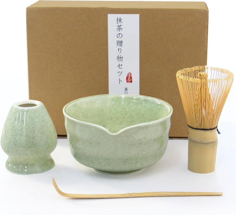 AIKAMI Matcha Whisk Set, Japanese Tea Set includes Matcha Bowl with Spout, Matcha Whisk and Holder, Bamboo Scoop - 4 Pcs Ceremonial Grade Matcha kit for Tea Lovers (Jade Green) - Image 1