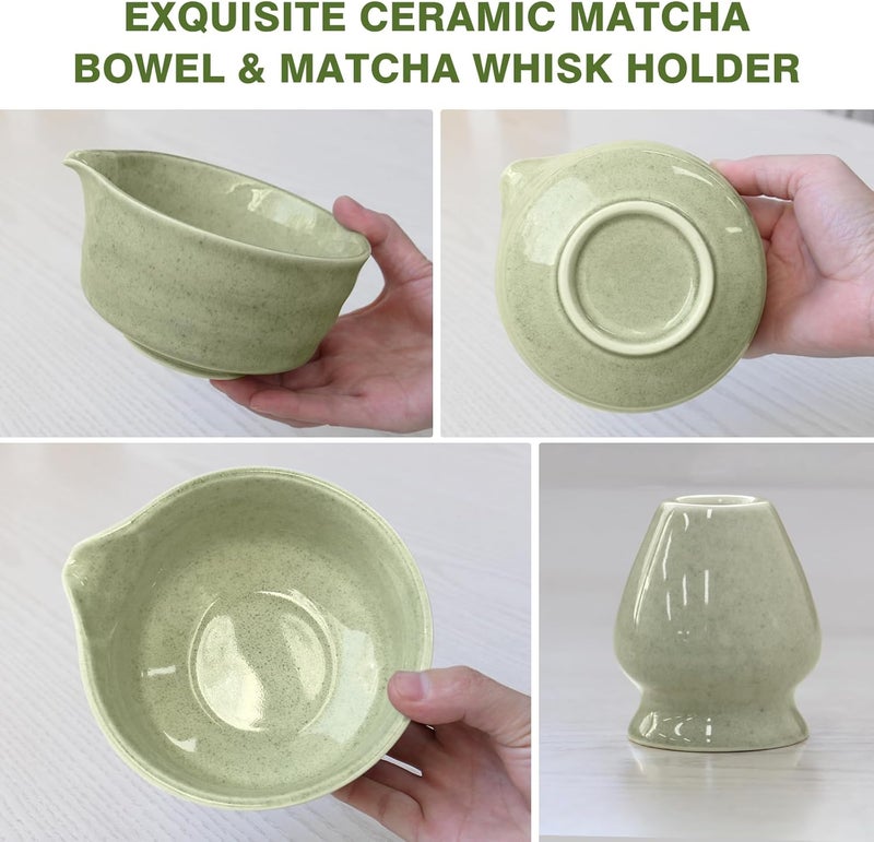 AIKAMI Matcha Whisk Set, Japanese Tea Set includes Matcha Bowl with Spout, Matcha Whisk and Holder, Bamboo Scoop - 4 Pcs Ceremonial Grade Matcha kit for Tea Lovers (Jade Green) - Image 2
