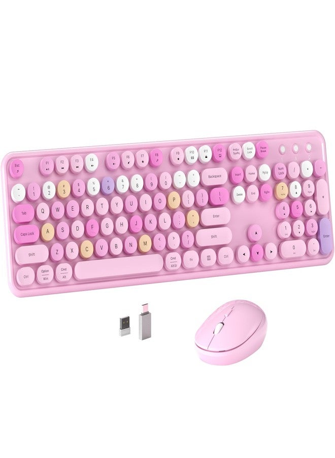 MPTOG Colorful Wireless Computer Keyboard and Mouse Combo with Round Typewriter Keycaps, Retro Design, Power Switch, Ergonomic Design, 2.4GHz Wireless for Windows, Mac, PC(Pink-Colorful) - Image 1