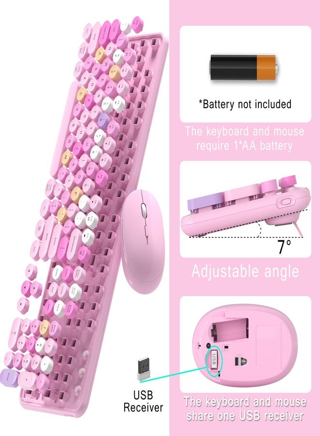 MPTOG Colorful Wireless Computer Keyboard and Mouse Combo with Round Typewriter Keycaps, Retro Design, Power Switch, Ergonomic Design, 2.4GHz Wireless for Windows, Mac, PC(Pink-Colorful) - Image 5