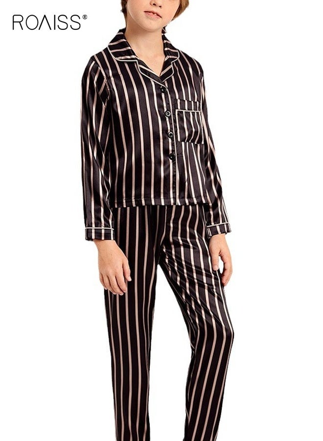 رويس طقم بيجامات للأولاد، طقم بيجامات للأولاد، طقم بيجامات للأولاد، طقم ملابس نوم بأزرار بأكمام طويلة، ملابس نوم مريحة وخفيفة الوزن، ملابس نوم منزلية مسامية، بدلات نوم مخططة - Image 4