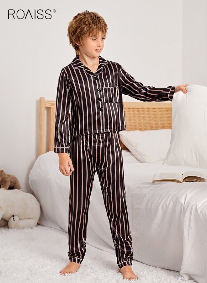 رويس طقم بيجامات للأولاد، طقم بيجامات للأولاد، طقم بيجامات للأولاد، طقم ملابس نوم بأزرار بأكمام طويلة، ملابس نوم مريحة وخفيفة الوزن، ملابس نوم منزلية مسامية، بدلات نوم مخططة - Image 3