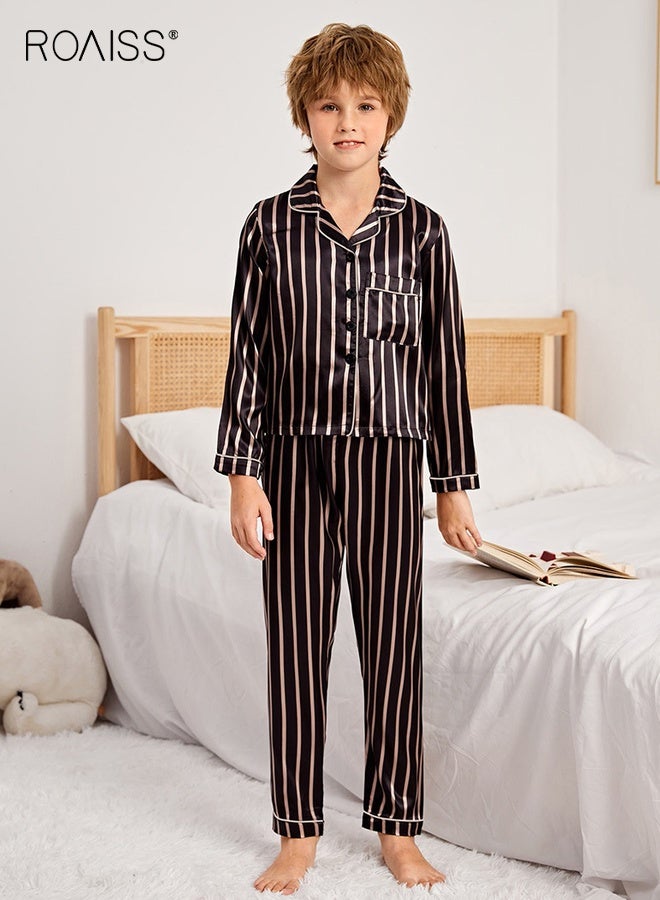 رويس طقم بيجامات للأولاد، طقم بيجامات للأولاد، طقم بيجامات للأولاد، طقم ملابس نوم بأزرار بأكمام طويلة، ملابس نوم مريحة وخفيفة الوزن، ملابس نوم منزلية مسامية، بدلات نوم مخططة - Image 1
