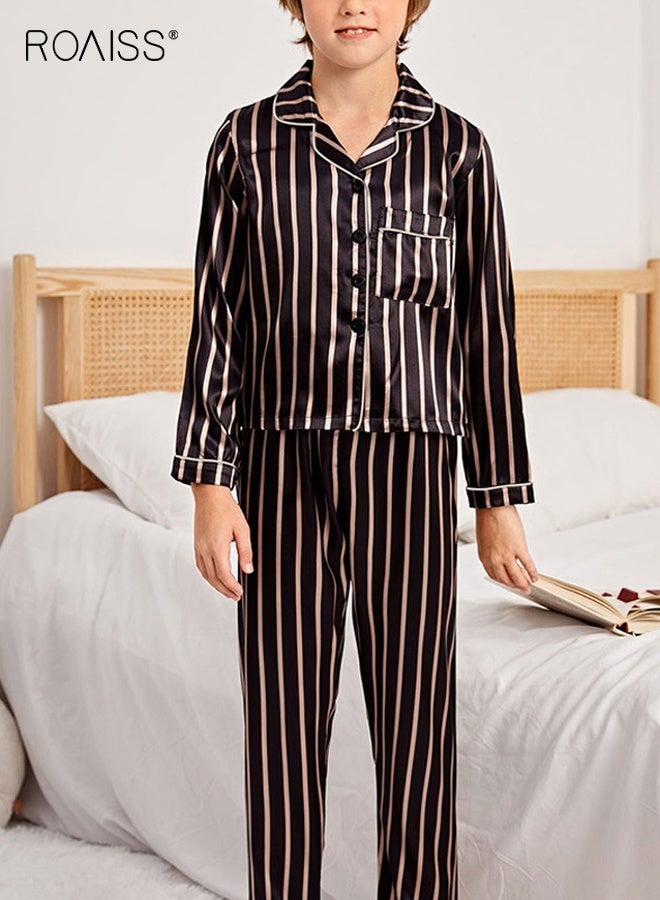 رويس طقم بيجامات للأولاد، طقم بيجامات للأولاد، طقم بيجامات للأولاد، طقم ملابس نوم بأزرار بأكمام طويلة، ملابس نوم مريحة وخفيفة الوزن، ملابس نوم منزلية مسامية، بدلات نوم مخططة - Image 5