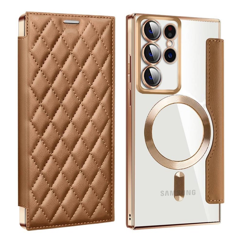 غطاء هاتف بTPU لـ Samsung S25 Ultra / Samsung S25 مع نقش الماسي وحامل بطاقات مع حامل قائم مع مغناطيس قوي باللون بني مغناطيسي بوظيفة حامل من مادة TPU للسفر للمكتب للاستخدام العملي - Image 1