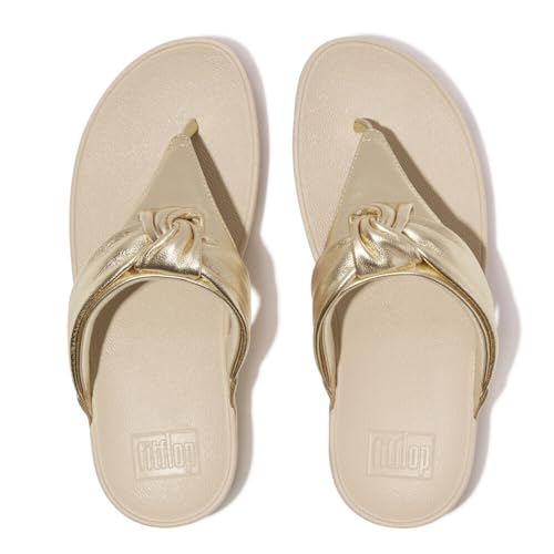 FitFlop Women's Lulu Padded-Knot Metallic-Leather Toe-Post Sandals Wedge, Platino, 8 - Image 1