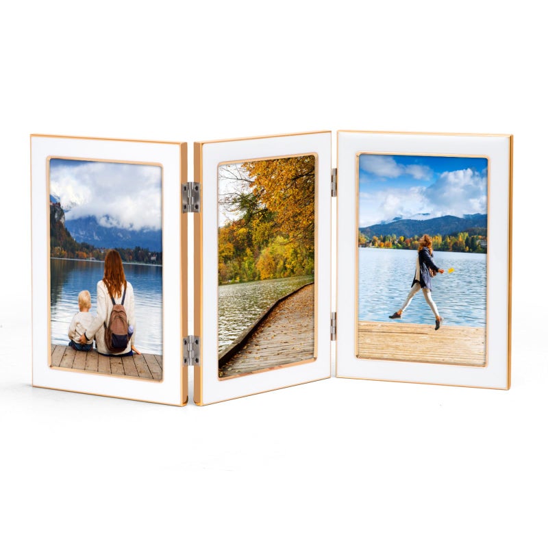 Lavezee 4x6 Trifold Picture Frame  Vertical White Hinged Frames Made to Display Three 4 by 6 inch Wedding Photos for Wall or Tabletop Decor - Image 1