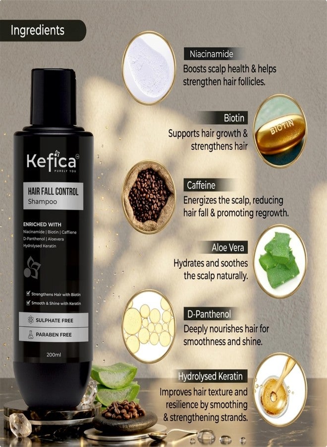 Kefica Hair Fall Control Shampoo 200ml with Biotin, Caffeine and Keratin | Niacinamide, Aloe Vera and D Panthenol | Sulphate Free, Paraben Free Shampoo for Men and Women - Image 3