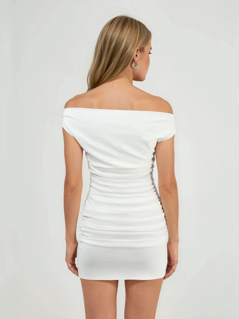 Hiccup Dusty White Off Shoulder Boat Neck Mini Dress for Women | Best Price UAE
