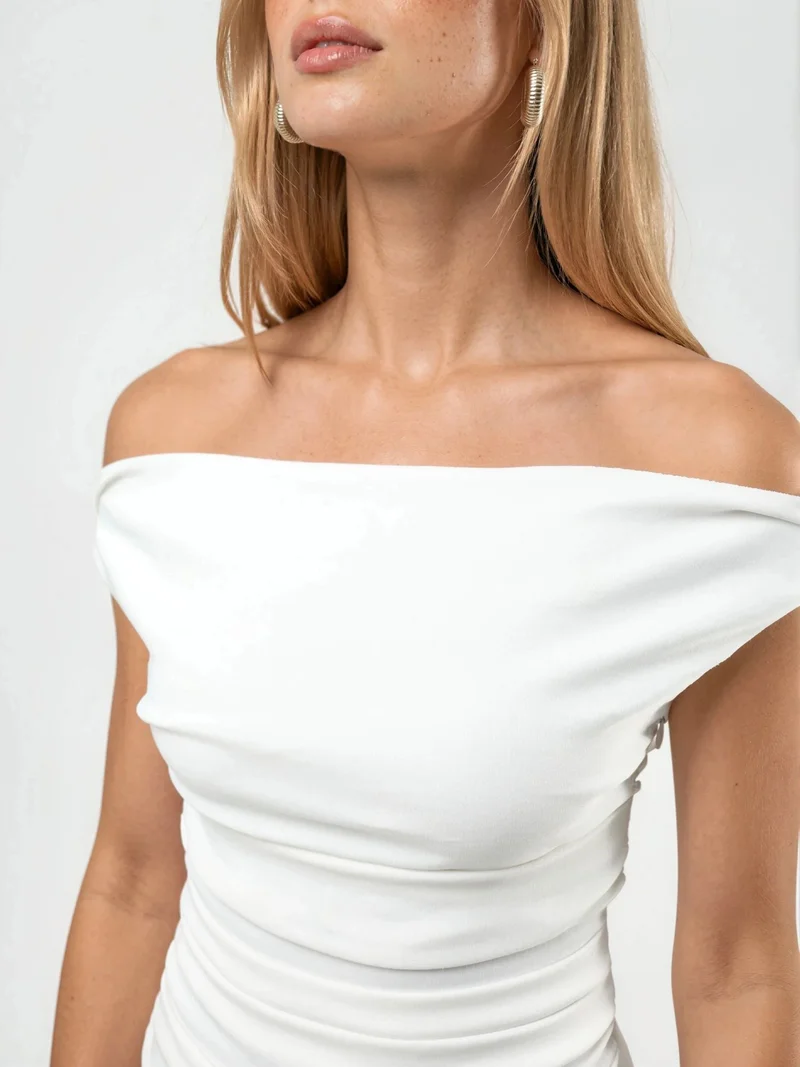 Hiccup Dusty White Off Shoulder Boat Neck Mini Dress for Women | Best Price UAE