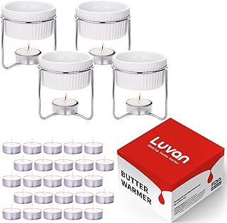 Luvan مجموعة لوفان من 4 قطع من سخانات الزبدة الخزفية مع 20 قطعة من الشموع الصغيرة لثمار البحر، فوندو - آمنة للغسل في غسالة الصحون - Image 1