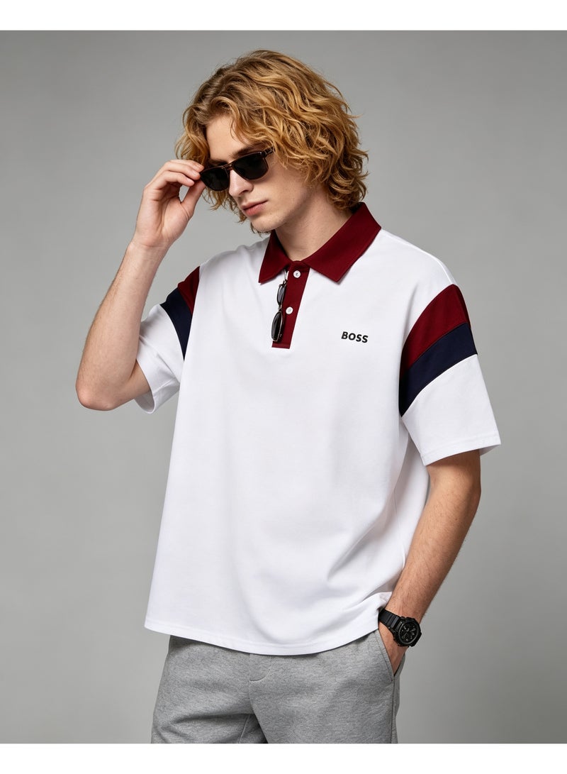BOSS Unisex Color Block Short Sleeve Polo Shirt, White Base with Maroon Collar, Casual Summer Lapel Top For Men And Women, Oversized Fit Daily Fashion Polo - Image 1