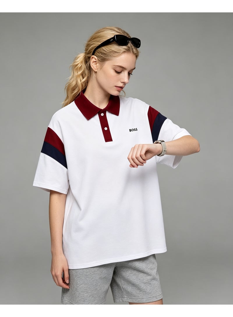 BOSS Unisex Color Block Short Sleeve Polo Shirt, White Base with Maroon Collar, Casual Summer Lapel Top For Men And Women, Oversized Fit Daily Fashion Polo - Image 2