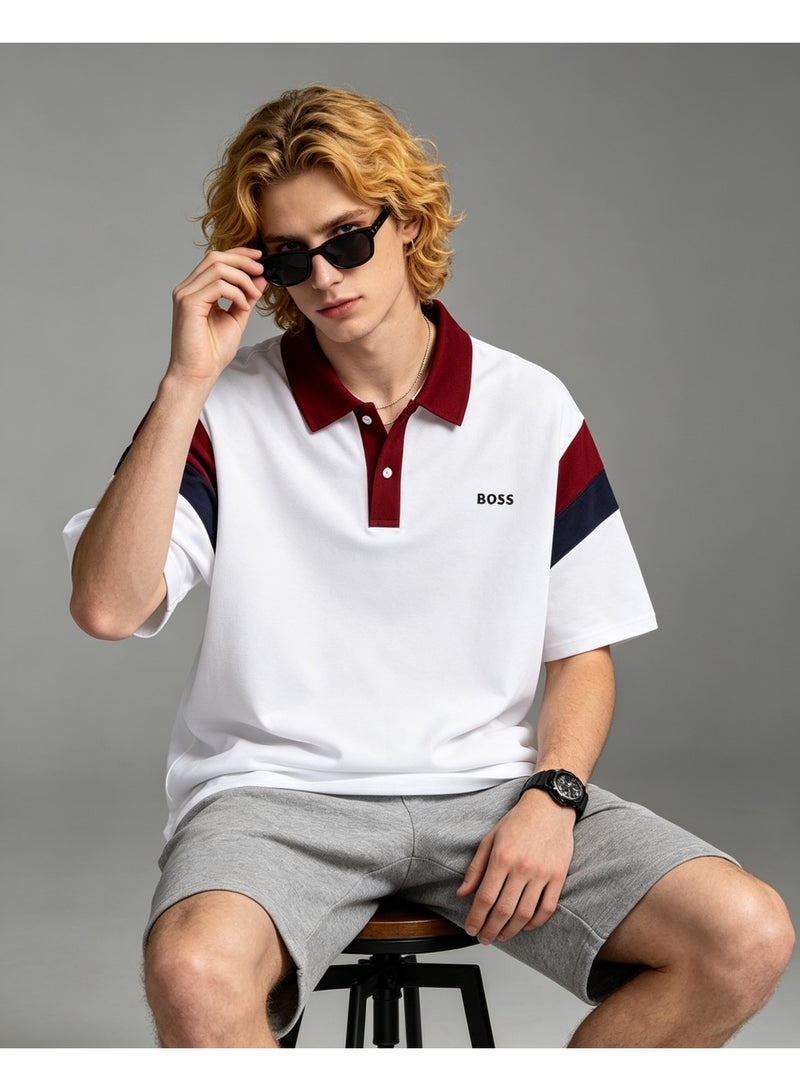 BOSS Unisex Color Block Short Sleeve Polo Shirt, White Base with Maroon Collar, Casual Summer Lapel Top For Men And Women, Oversized Fit Daily Fashion Polo - Image 3