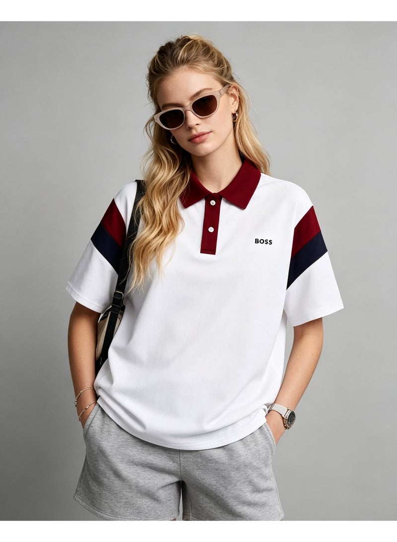BOSS Unisex Color Block Short Sleeve Polo Shirt, White Base with Maroon Collar, Casual Summer Lapel Top For Men And Women, Oversized Fit Daily Fashion Polo - Image 4