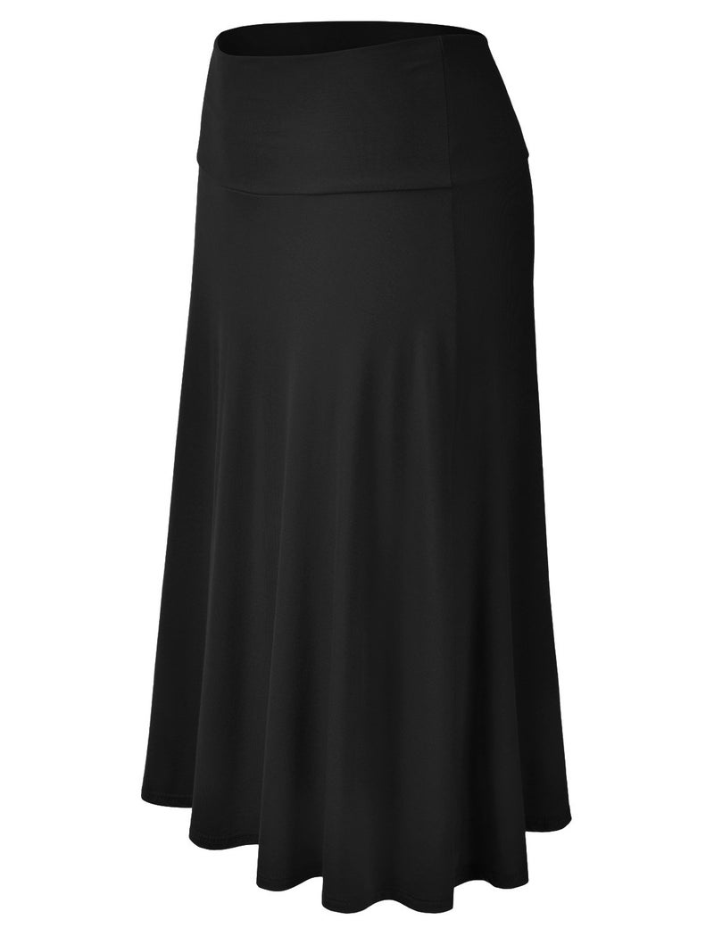 EIMIN Women's Solid Flared Lightweight Elastic Waist Classic Midi Skirt Black M - Image 2