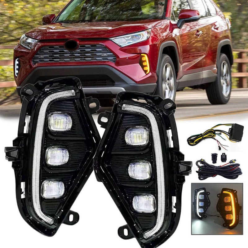 VGETTING Daytime Running Light For Toyota RAV4 2019 2020 2021 2022 Fog Lights Kit Replacement 3 Eyes DRL LED Lamps with Wire Harness