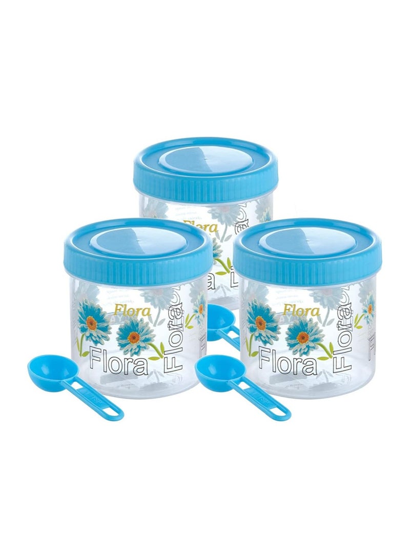 300ml, 750ml, 1000ml Plastic Set of 3 Floral Design Container with Blue Lids and Spoons for Kitchen Pantry Organization, Dry Food Storage, and Countertop Display