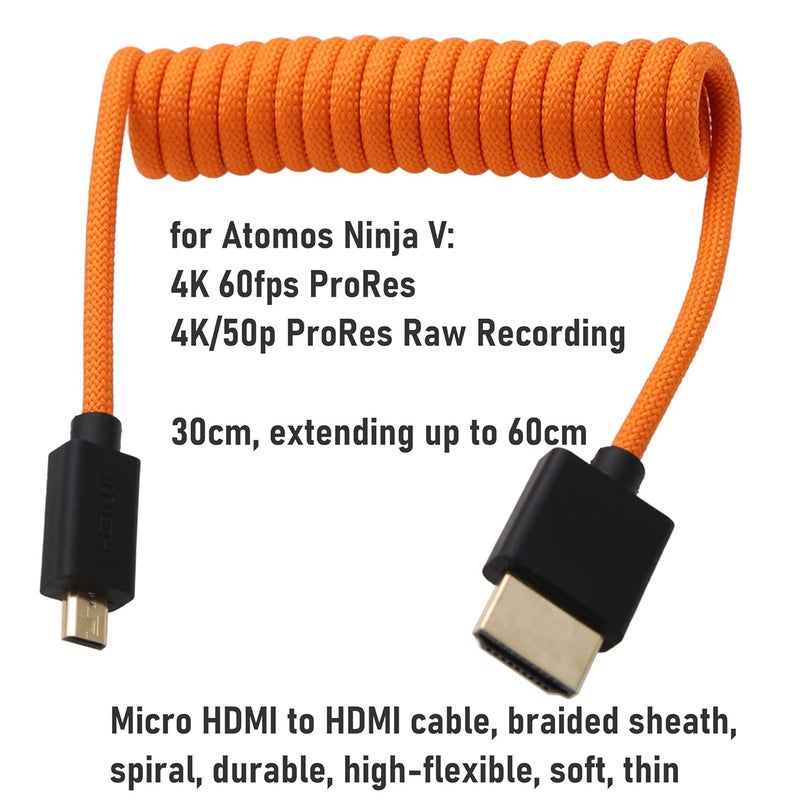 كابل من Micro-HDMI إلى HDMI 4K 8K Raw لـ ATOMOS Ninja V Ultra، Sony ZV-E10II A7C2 A7RIV A6700، Canon R50 R6 R5C R10، Lumix S5 S9 G100، Fujifilm X-T50، النوع A D، بربطانة برتقالية ملفوف 30 سم - Image 3