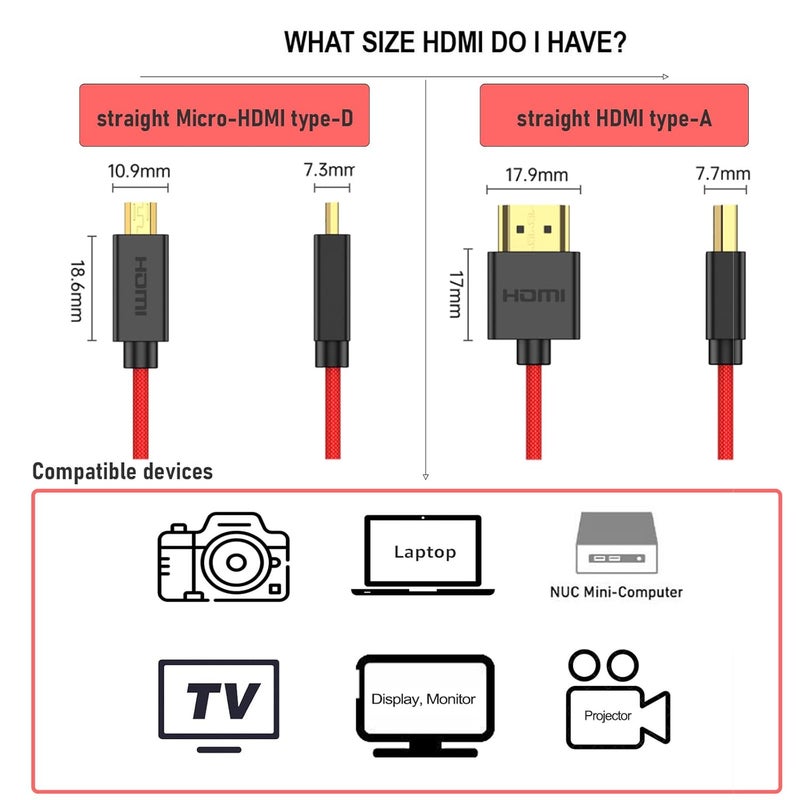 كابل من Micro-HDMI إلى HDMI 4K 8K Raw لـ ATOMOS Ninja V Ultra، Sony ZV-E10II A7C2 A7RIV A6700، Canon R50 R6 R5C R10، Lumix S5 S9 G100، Fujifilm X-T50، النوع A D، بربطانة برتقالية ملفوف 30 سم - Image 5